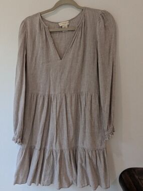 Cynthia Rowley Linen Taupe Long-Sleeve Tiered Dress